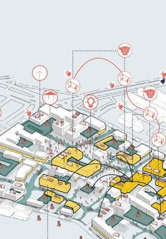 the diagram shows an area with buildings, roads and other areas that are connected to each other