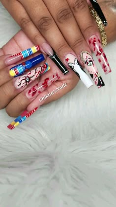 Halloween Nail Inspo Chucky, Tiffany Valentine Nails, Bride Of Chucky Nails Halloween, Tiffany Nails Design Chucky, Chucky Themed Nails