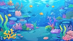 an underwater scene with corals, fish and other marine life on the bottom water