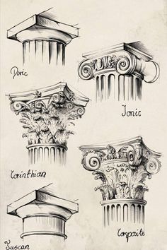 four different types of architectural designs on a piece of paper with the names of each type