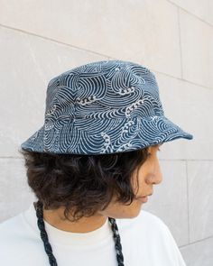 Kiriko Original Indigo Bucket Hat, Reversible, Nami Denim – Kiriko Made Kimono Style Jacket, Home Goods Store, Wardrobe Accessories, Painted Denim, Vintage Kimono, Creative Team, Bucket Hats, Wave Pattern, Hand Print