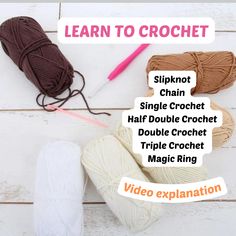 crochet supplies laid out on a white wooden floor with text that reads learn to crochet