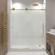 a bathroom with a walk in shower next to a white sink and wooden cabinetry