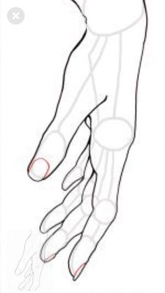 a drawing of a hand with red dots on the thumb and fingers, showing how to draw