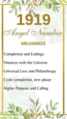 an angel number meaning in gold and white with green leaves on the border, surrounded by words