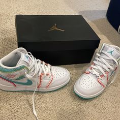 Adorable New In Box Jordan Mid 1 Colorful And Unique Pair With Knit And Beaded Accents. Size 5.5 Big Kids Or 7 Women’s. Comes From A Smoke Free And Pet Free Home. Got These For My Daughter But She Is A 7.5 Women’s And We Found The 6 Kids Fit Her Better. The Box Says 6 Kids But It’s Nike Jordan’s Air Jordan Mid 1, Nike Air Jordan Mid, Air Jordan Mid, Air Max 90 Leather, Jordan Mid, Boys Running Shoes, Black Athletic Shoes, Black Basketball Shoes, Nike Max