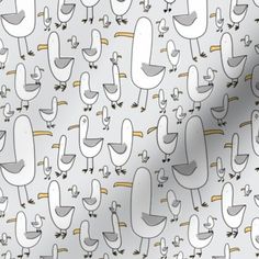 a white and gray duck pattern on a light grey background with gold trimmings