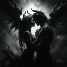 two people are kissing in the dark with angel wings