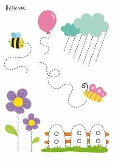 a cartoon bee flying in the sky with balloons and flowers to be colored, coloring book for children