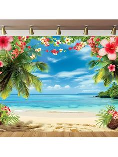 a tropical beach scene with flowers and palm trees