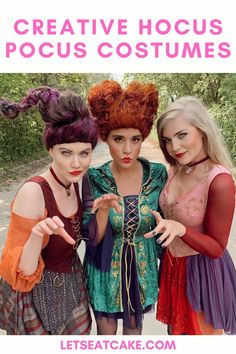 three girls dressed up in costumes with text overlay that says creative hocus pocus costumes