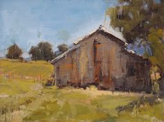 a painting of an old barn in the country side with trees and grass around it