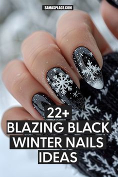 Matte black nails featuring intricate white snowflakes for a frosty effect. The pointed shape and delicate snowflake patterns bring an elegant touch to winter style. Black And White Winter Nails, Black Snowflake Nails, Black Winter Nails, Pointed Nail Designs, Christmas Nail Designs Holiday, Winter Nails Art, Winter Nail Art Ideas, Christmas Snowflakes Nails, Nails Festive