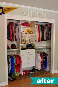 an open closet with clothes hanging on the shelves and other items in front of it