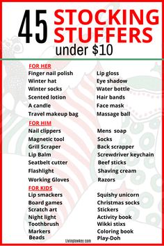 the christmas stocking stuff list for under $ 10 is shown in red and white