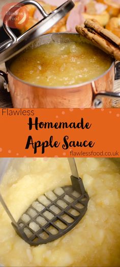 homemade apple sauce in a pot with a grater on the side and an orange overlay