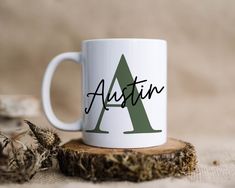 Name Mug, Personalized Name Mug, Mug for Him, Monogram Mug for Men, Custom Name Mug, Name Mug for Men, Initial Mug, Mens Name Cup ▶️ ABOUT THIS MUG * We have several mug sizes and styles available. Please see the product photos for more information on mug choices! * Each mug is printed with with high quality sublimation for a professional finish. The print is sublimated directly onto the mug for a long lasting, no-fade finish. We do not use vinyl (which can peel off) * Due to the rustic nature o Custom Name Mugs, Mug For Men, Diy Masks, Initial Mug, Customized Mug, Coffee Cup Photo, Monogram Mug, Bf Gifts, Customised Mugs