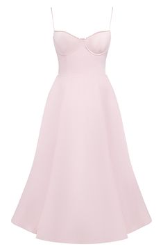 Cut from lustrous duchess satin with hint of powermesh, this head-turning dress features a tulle under-layer and the sweetest of necklines. Underwire and a boned construction adds structured and support to the special look. Exclusive retailer Hidden back-zip closure Sweetheart neck Adjustable straps Lined 100% polyester Dry clean Imported Fitted Satin Finish Midi Dress For Prom, Fitted Feminine Dresses With Satin Finish, Feminine Fitted Dress With Satin Finish, Fitted Satin Finish Feminine Dress, Elegant Pink Overbust Dress, Fitted Feminine Evening Dress With Sweetheart Neckline, Satin Finish Sleeveless Fitted Corset Dress, Satin Dress With Lined Bodice And Overbust, Satin Midi Dress With Sweetheart Neckline And Fitted Bodice