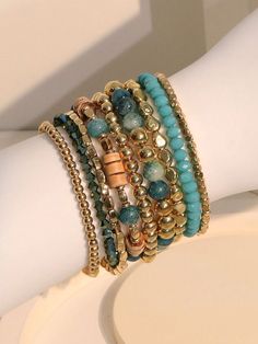 9pcs Boho Beaded Colorful Blue Bracelets Set For Women, Suitable For Vacation, Beach And Daily Wear Blue    Artificial Crystal     Women Fashion Jewelry, size features are:Bust: ,Length: ,Sleeve Length: Blue Bracelets, Bracelet Sets, Necklace Ideas, Bracelets Set, Women Bracelet, Styl Boho, Elegant Dresses Long, Watches Women Fashion, Vacation Beach