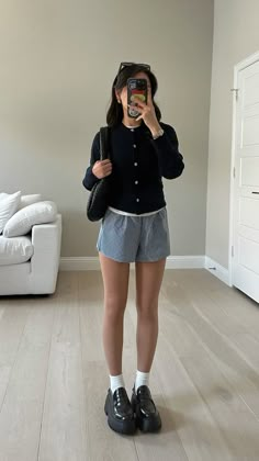 outfit is linked   cardigan boxer shorts spring outfit Black Striped Shorts Outfit, Boxer Shorts Fall Outfit, Shopping Date Outfit Summer, Summer Outfits Cardigan, Fall Boxer Short Outfits, Shorts Cardigan Outfit, Boxer Short Outfits Aesthetic, Cardigan And Shorts, Black Boxer Shorts Outfit