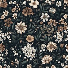 a black background with white and brown flowers on it's sides, all in the same pattern