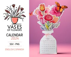 a calendar with flowers in a vase and butterflies flying around it on a pink background