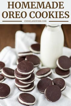 homemade oreo cookies are stacked on top of each other with a bottle of milk in the background