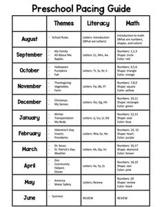 the preschool pacing guide is shown in black and white