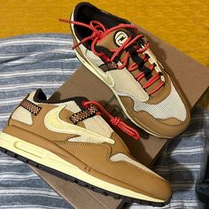 Nike Airmax 1/ Travis Scott “Cactus Jack” Womens Size 6 Wheat/Lemon Drop-Baroque Brown Custom Brown Leather Sneakers With Air Max Cushioning, Nike Airmax 1, Travis Scott Cactus Jack, Cactus Jack, Lemon Drop, Travis Scott, Shoes Nike, Womens Shoes Sneakers, Wheat