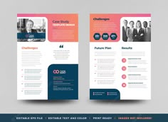 two sided flyer template with business people on the back and side, both in blue and orange