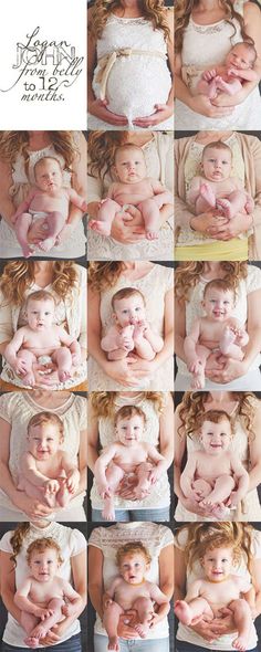 a woman holding a baby in her arms and posing for the camera with many different pictures