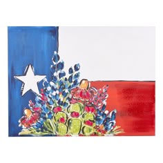 a painting of flowers in front of the texas flag with a star on it's side