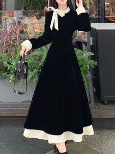 Korean Fashion Dress Elegant, Korean Black Dress, Black Dress With Long Sleeves, Midi Black Dress, Dress Korea, Vintage Prom