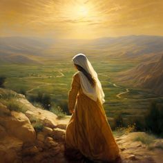 a painting of a woman walking up a hill with the sun setting in the background