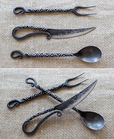 four different types of kitchen utensils are shown in three separate pictures, one is black and the other is silver