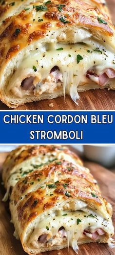 chicken cordon bleu stromboli on a cutting board