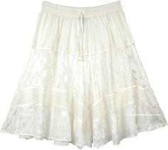 Comfortable soft texture, stonewashed pearl white knee-length rayon skirt with solid rayon and jacquard fabric patchwork. A modern take on the rodeo chic style in urban colors; all our festival skirts will make you proud. The self-design, the machine embroidery and the lacework on the panels make it an exclusive skirt. Elastic and drawstrings are attached at the waist for perfect fit and ease. This skirt is slightly sheer, not lined. Length: 24"; Waist: 28"-34"(Elastic waist fits small to medium Midi Skirt Y2k, Cotton Wrap Skirt, Rodeo Chic, Handkerchief Hem Skirt, White Skirt Outfits, Long Skirt Casual, Western Skirts, Rayon Skirt, Fabric Patchwork