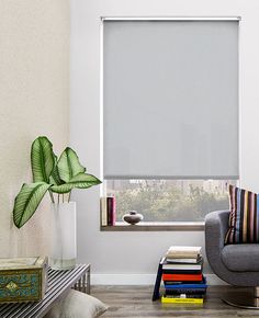 a living room filled with furniture and a large window covered in blinds next to a plant