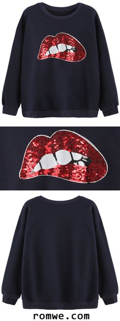 Navy Sequin Lip Print Sweatshirt Fancy Kimono, Basketball Outfits, Pink Games, Lip Print, Nike Shoe, Basketball Clothes, Lips Print, Latest Street Fashion, The Navy