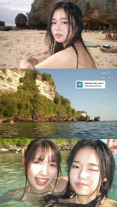 two women are in the water at the beach