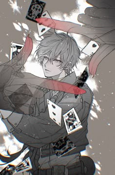 an anime character holding two knives and playing cards in front of the camera with his hands