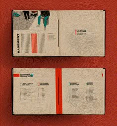 two booklets with information on them sitting next to each other in front of a red background