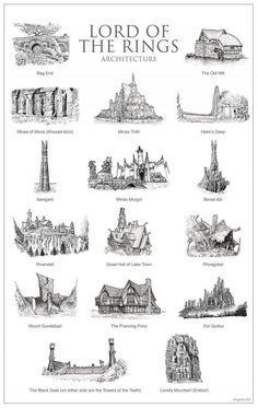 the lord of the rings architecture is shown in this black and white drawing, with many different