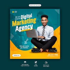 a man sitting on the ground with a laptop in front of him and an ad for digital marketing agency