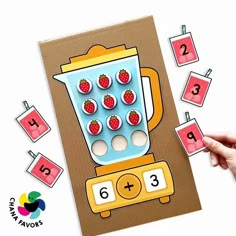 a hand holding up a card with numbers and a blender