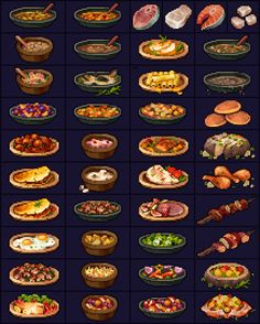 an old computer game showing different types of food and drinks on the menu for each item