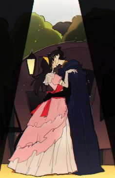 an animated image of two people dressed in formal clothing, one holding the other's arm