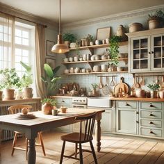 a kitchen filled with lots of pots and pans on top of wooden shelves next to a table