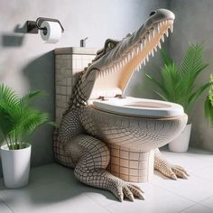 a bathroom with a dinosaur shaped toilet in the middle of it's floor and plants on either side