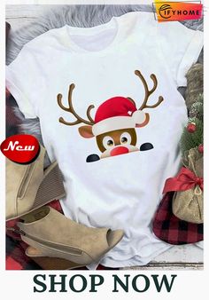 Christmas Loose Crew Neck Cotton Blends Short Sleeve T-shirt Animal Fashion, Summer Colors, Spring And Fall, Shirt Top, New Shop, Shirts Tops, Top Shirt, Tee Shirts, Cotton Blend